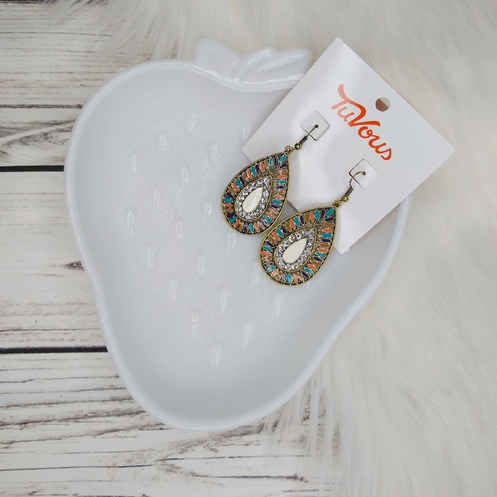 MULTI COLOR BRASS TONE TEAR DROP BOHO EARRINGS